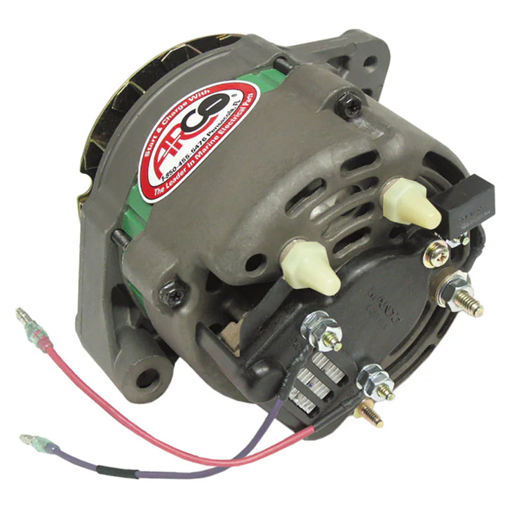 ARCO Marine premium 12V 65A replacement alternator with multi-groove serpentine pulley, designed for marine engines.