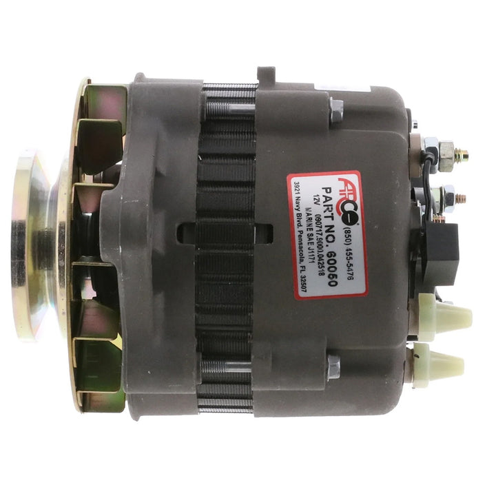 ARCO Marine premium replacement alternator with single groove pulley, 12V, 55A for marine applications, showing the alternator&