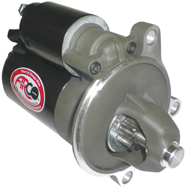 ARCO Marine high-performance inboard starter with gear reduction and permanent magnet for 2.3 Ford engines, clockwise rotation.