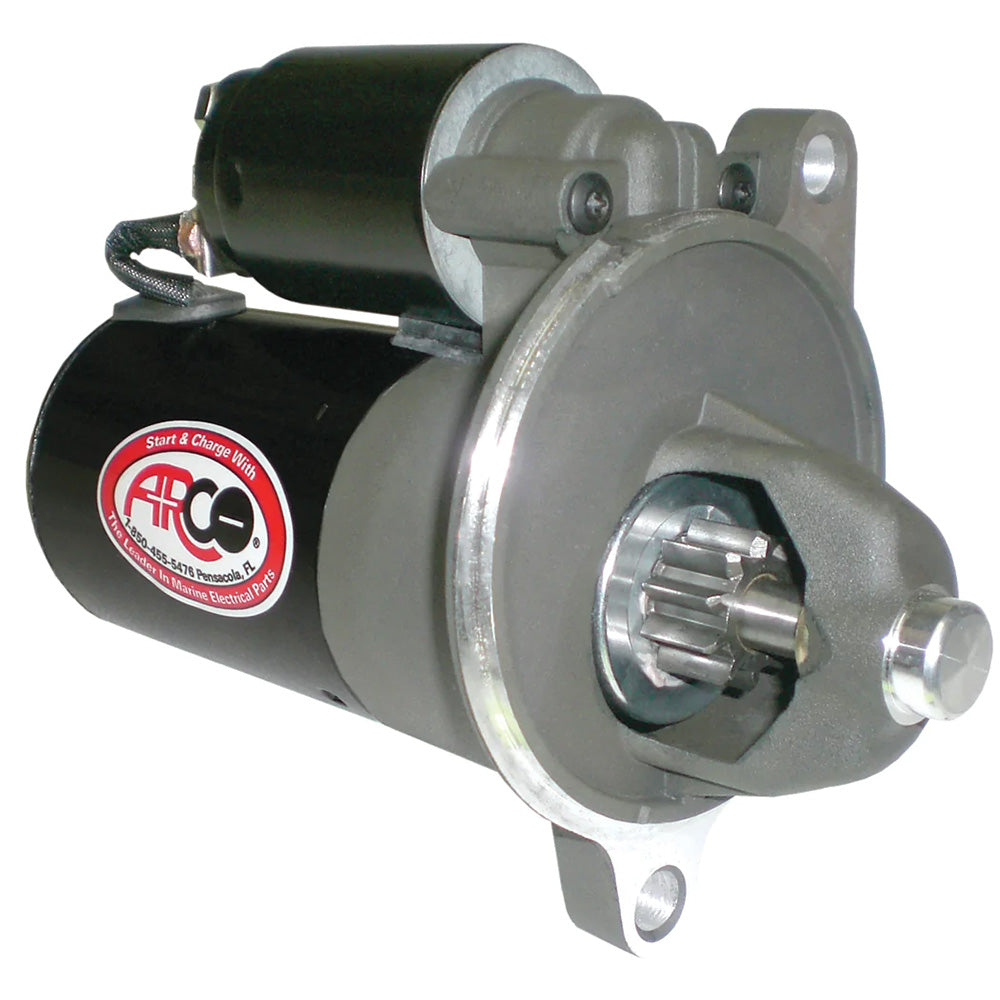ARCO Marine high-performance inboard starter with gear reduction and permanent magnet, showing clockwise rotation mechanism.