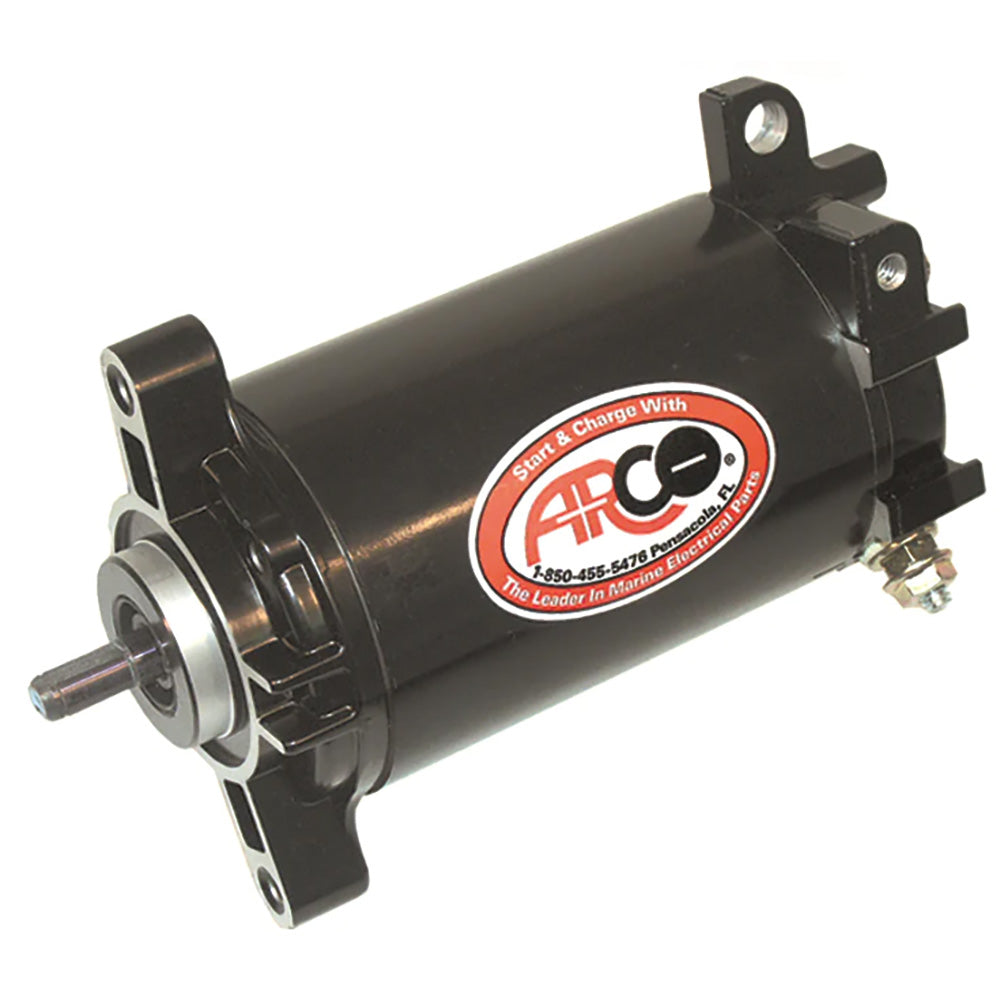 ARCO Marine Johnson/Evinrude outboard starter for late model outboard motor, durable marine engine starter in black and metallic finish.