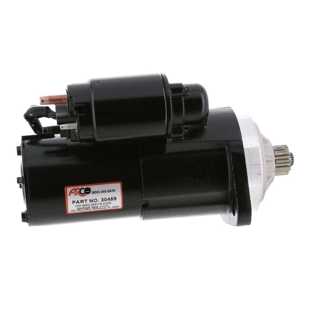 ARCO Marine top mount inboard starter with gear reduction, designed for counter-clockwise rotation, in a marine engine setup.
