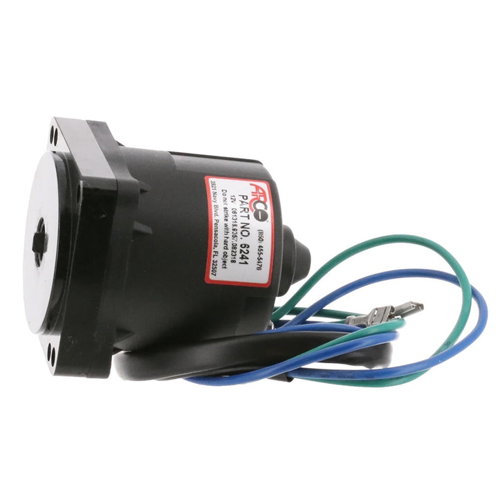 ARCO Marine Johnson/Evinrude tilt trim motor with 2-wire, 4-bolt mounting, flat blade shaft for marine outboard engines.