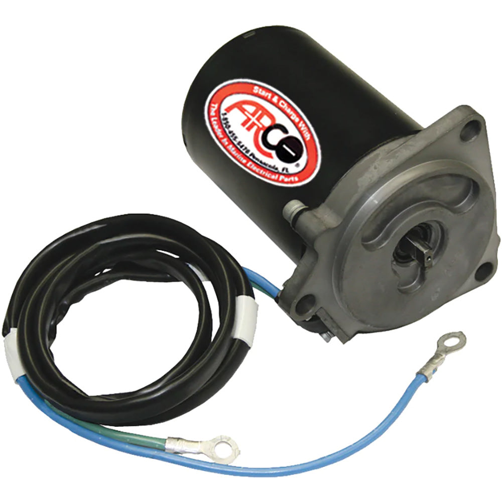 ARCO Marine Yamaha outboard tilt trim motor with 2-wire connection, 3-bolt mount, flat blade shaft for marine propulsion systems.