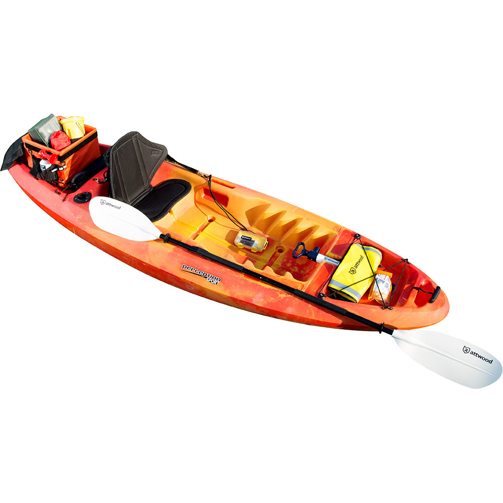 Attwood Marine foldable sit-on-top kayak seat clipped onto a kayak, showcasing adjustable backrest and lightweight design.
