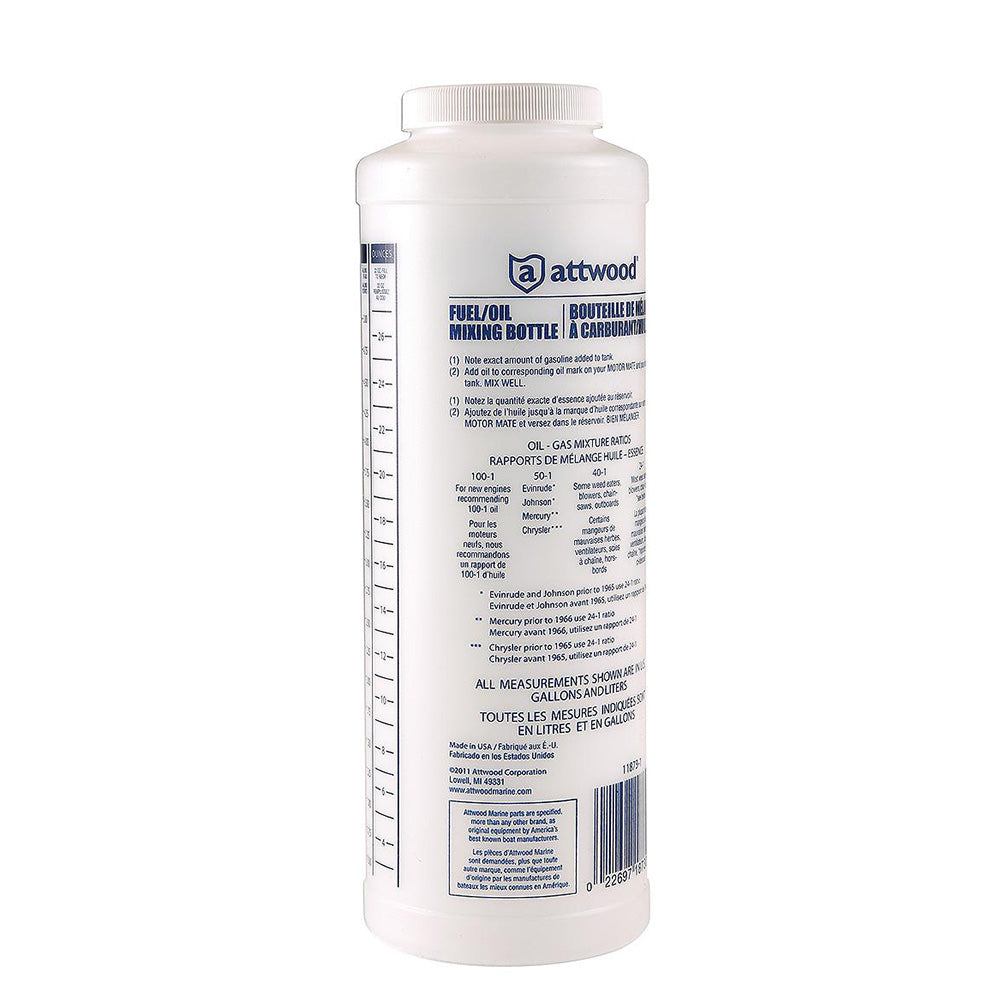 Attwood Marine fuel and oil mixing bottle for safe and precise fuel mixture blending in marine engines.