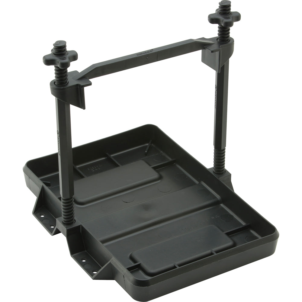 Attwood Marine heavy-duty all-plastic adjustable battery tray for 24 series batteries, marine accessories, durable and corrosion-resistant.