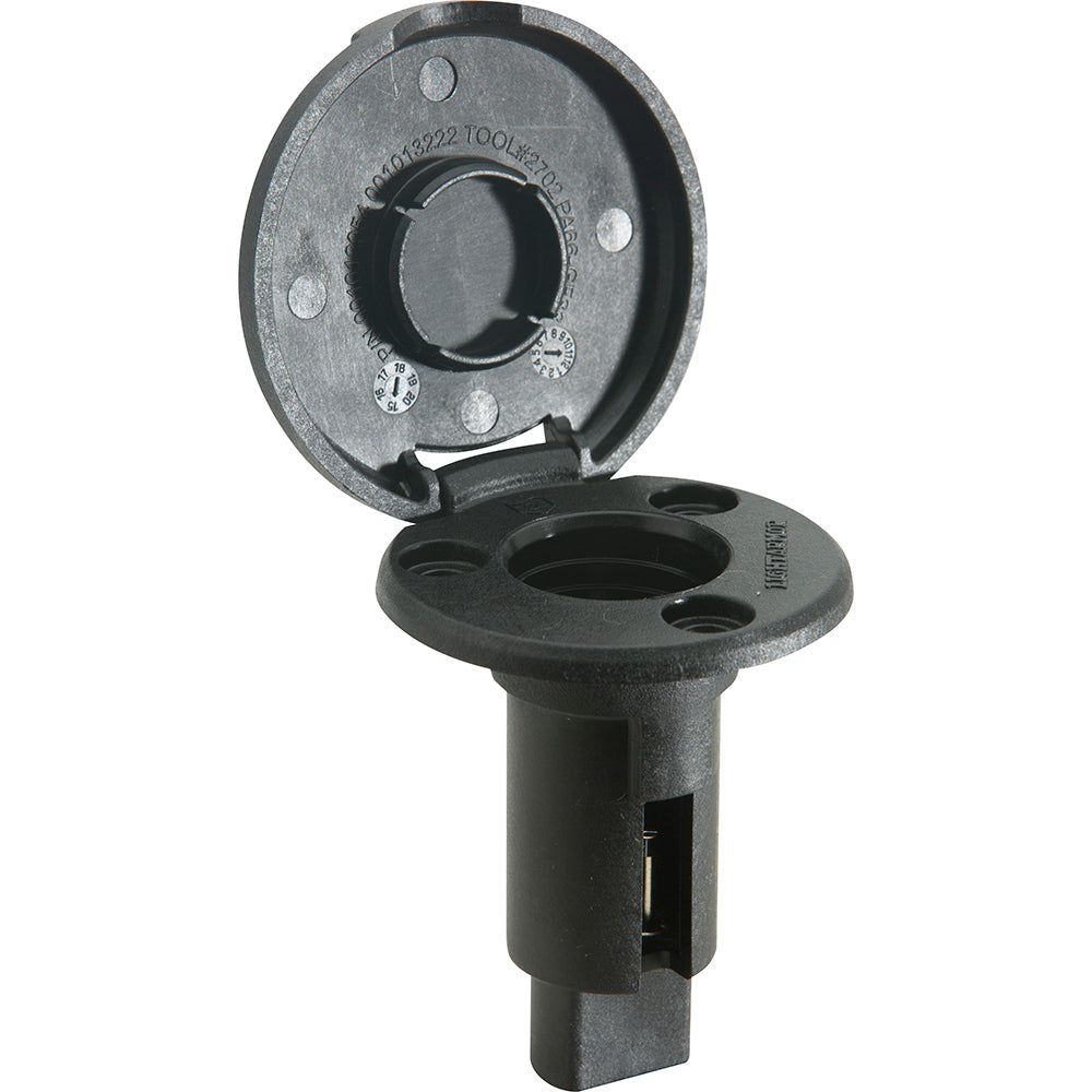 Black Attwood Marine LightArmor plug-in base with 2-pin round design for marine accessories.