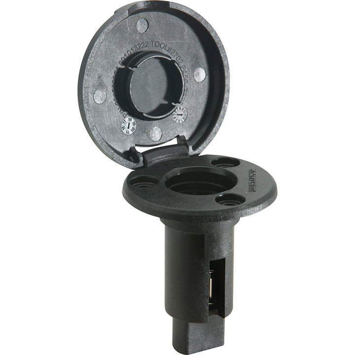 Black Attwood Marine LightArmor plug-in base with 2-pin round design for marine accessories.