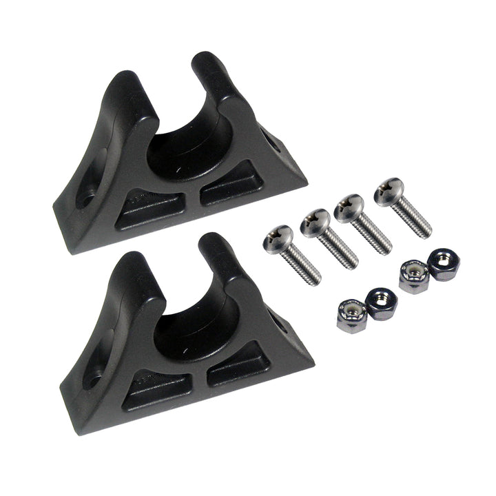 Black Attwood Marine paddle clips, accessories for securing paddles on boats, shown in a close-up image.