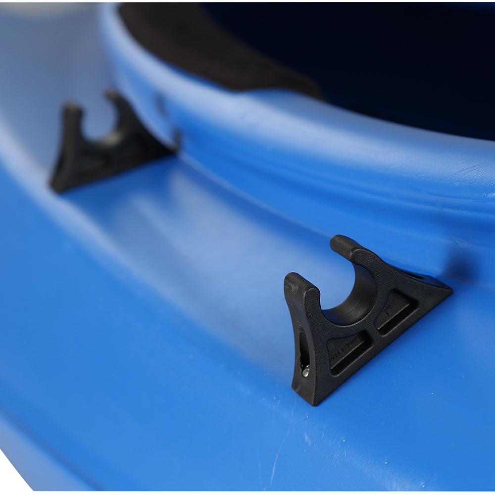 Black Attwood Marine paddle clips for boating accessories, shown attached to a boat surface for secure paddle storage.