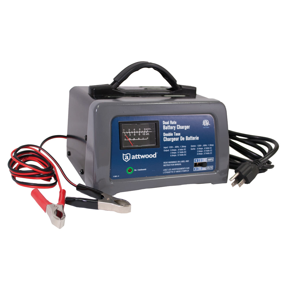 Attwood Marine & Automotive Battery Charger showing a compact black charger with connection cables, designed for marine and automotive batteries.