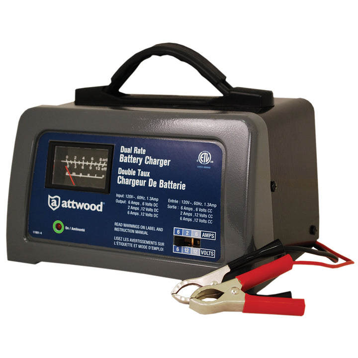 Attwood Marine &amp; Automotive Battery Charger showing a compact black charger with control buttons and cables for marine and automotive use.