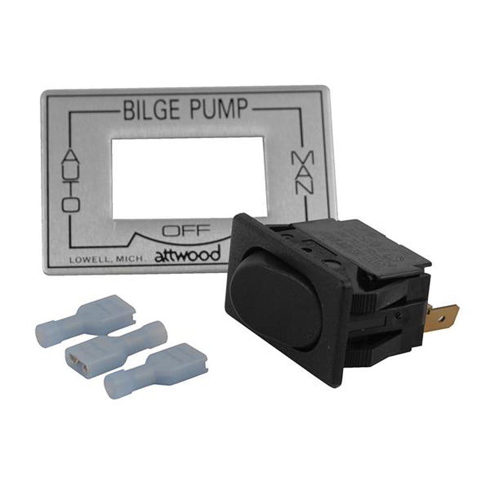 Attwood Marine 3-way auto/off/manual bilge pump switch for boat bilge pumps, black switch with labels and mounting hardware