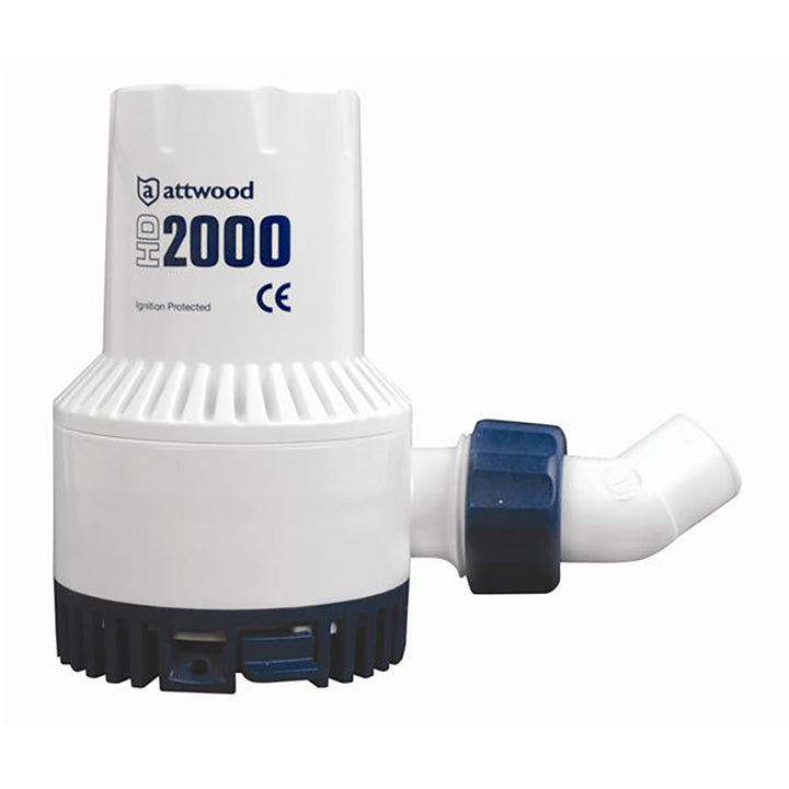 Attwood Marine HD2000 heavy-duty 24V bilge pump with 2000 GPH capacity, shown installed in a boat bilge area.