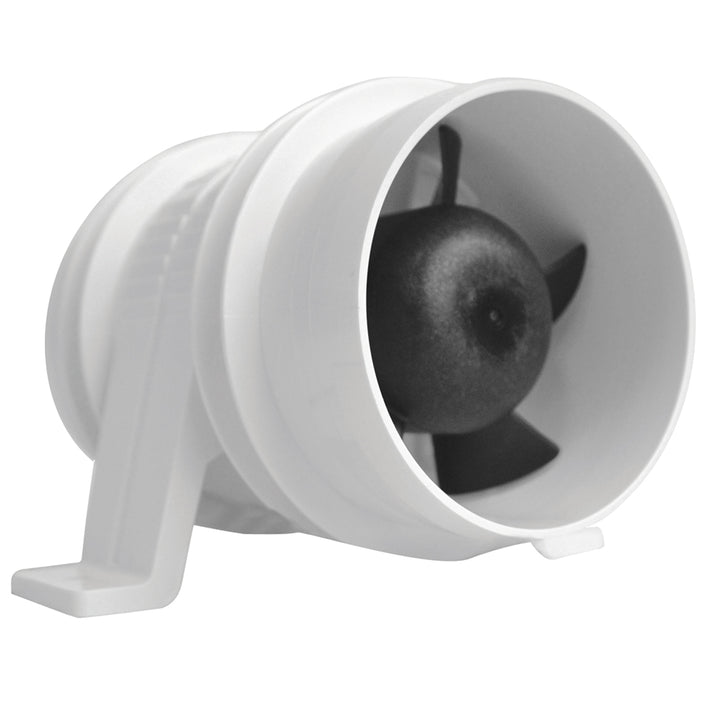 Attwood Turbo 3000 Series 12V water-resistant inline blower in white, designed for marine ventilation and heating systems.
