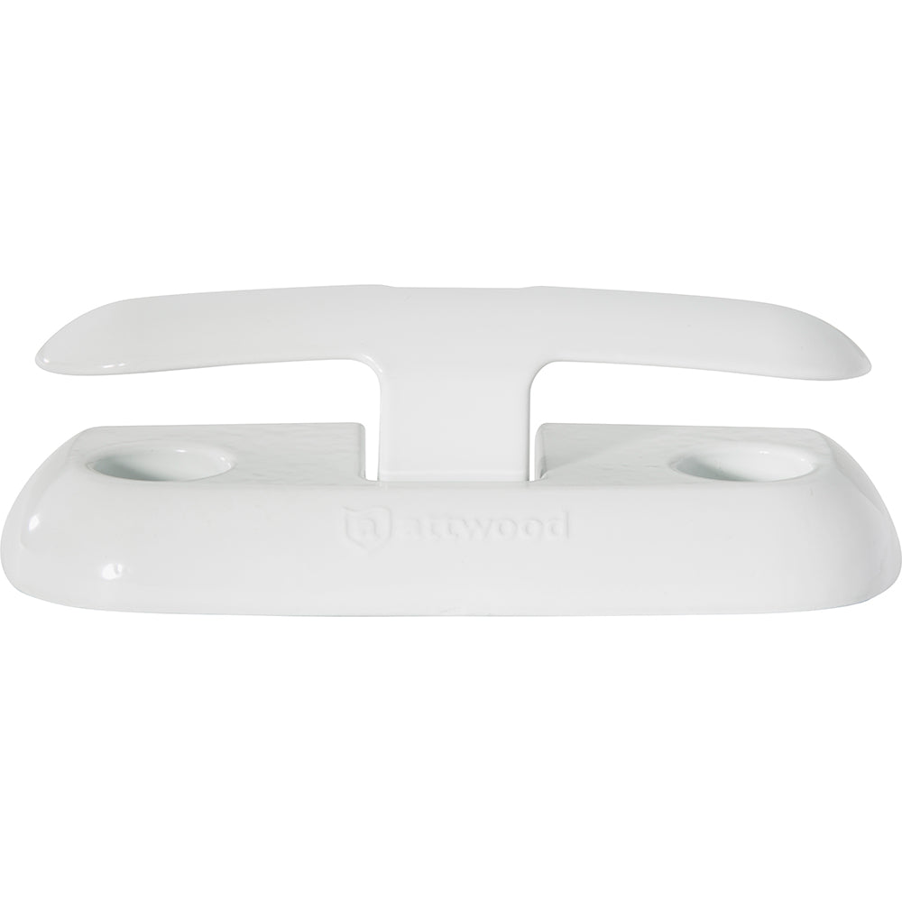 Attwood Marine 6-inch fold-down dock cleat mounted on a boat dock for secure mooring and easy storage.