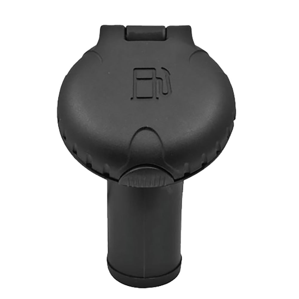 Attwood Marine deck fill with angled body and scalloped black plastic cap for carbon canister systems on boats.