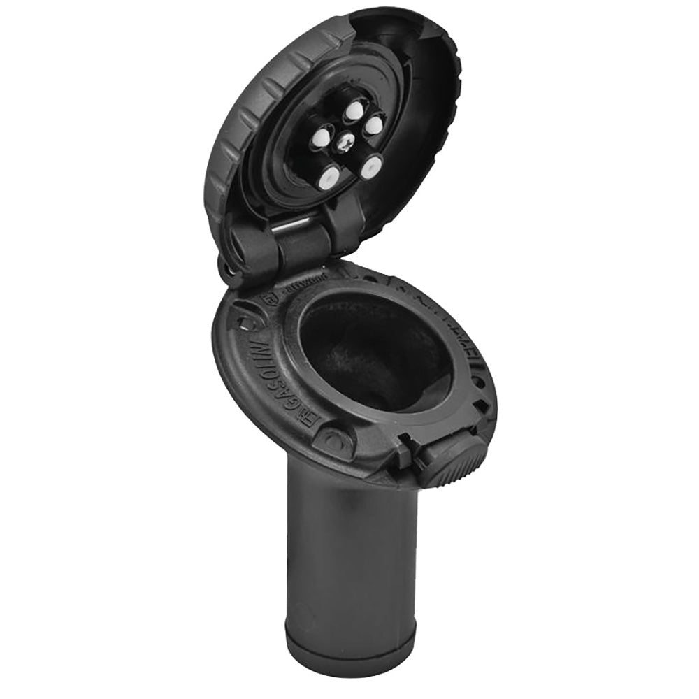 Attwood Marine deck fill with angled body and scalloped black plastic cap for carbon canister systems, marine boat fuel access.