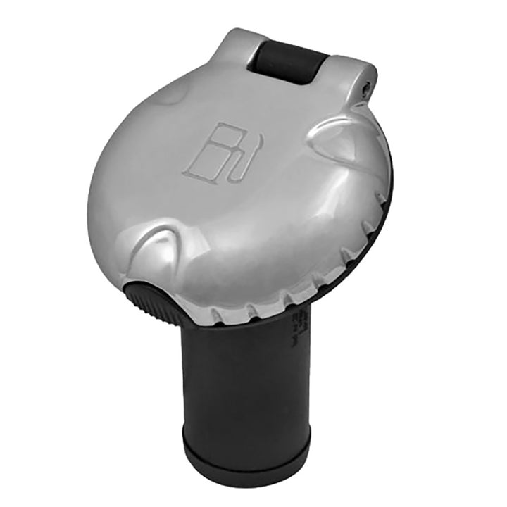 Attwood Marine deck fill for carbon canister system with angled body and scalloped chrome cap, marine boat accessory.
