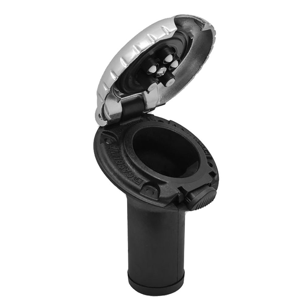 Attwood Marine deck fill with angled body, scalloped chrome cap for carbon canister systems, marine boat fuel or water fill port