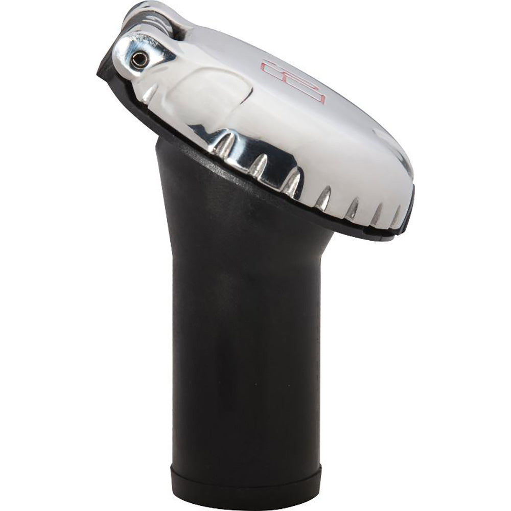 Attwood Marine deck fill for carbon canister system with angled body and scalloped stainless steel cap, suitable for marine applications.