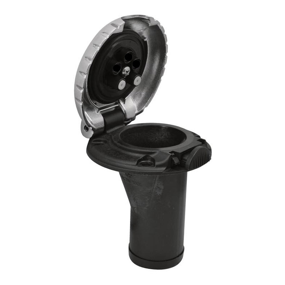 Attwood Marine deck fill for carbon canister system with straight body and scalloped chrome cap, marine boat accessory.