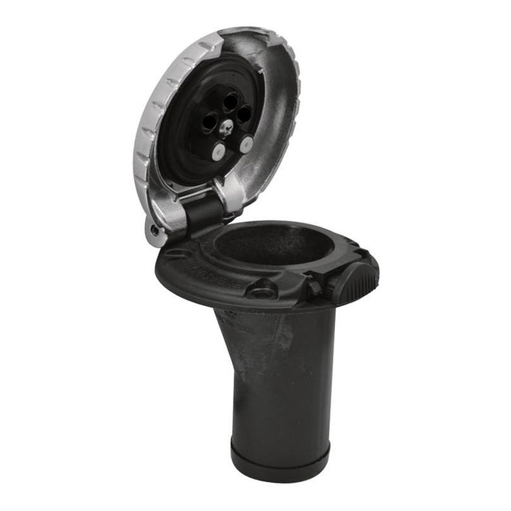 Attwood Marine deck fill for carbon canister system with straight body and scalloped chrome cap, marine boat accessory.
