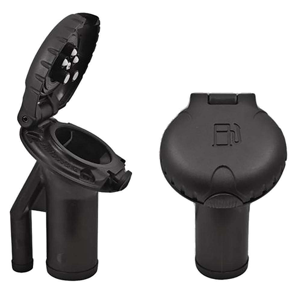 Attwood Marine deck fill cap with angled body and scalloped black plastic design for pressure relief systems on boats.