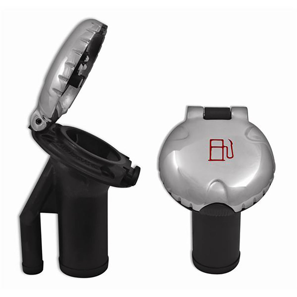 Attwood Marine deck fill with angled body and scalloped stainless steel cap for pressure relief systems on boat decks.