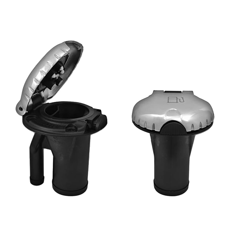 Attwood Marine deck fill with straight body, scalloped stainless steel cap for pressure relief systems on boat decks.
