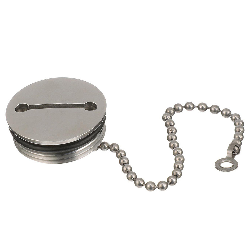 Attwood Marine deck fill replacement cap with chain for boat fuel and water tanks, durable plastic construction.