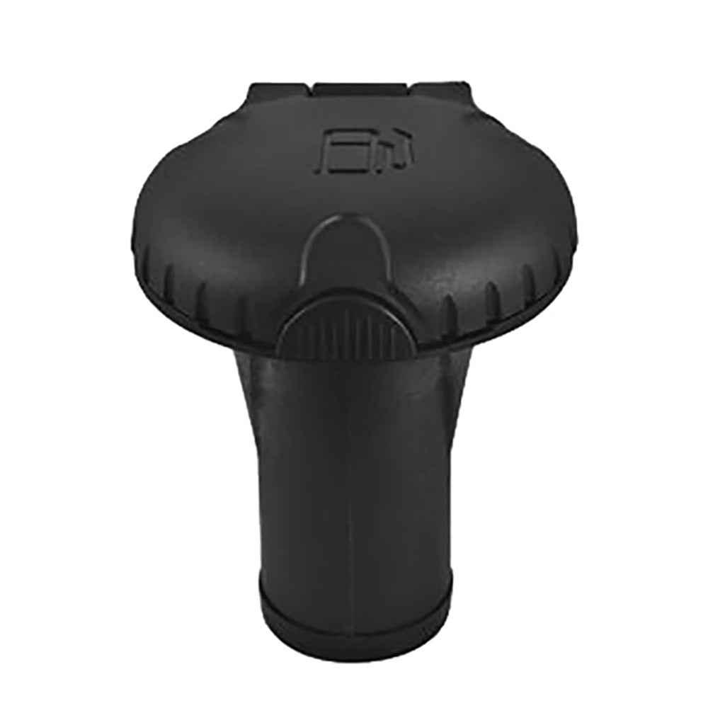 Attwood Marine deck fill for pressure relief systems, straight body with scalloped black plastic cap, suitable for boat deck installations.
