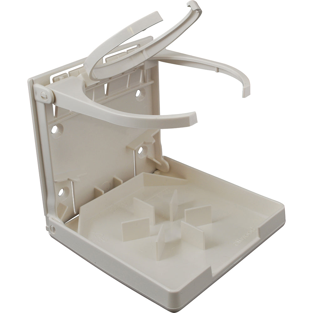 Attwood Marine fold-up drink holder with dual rings in white, designed for boat decks and galleys.