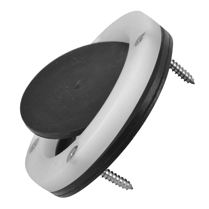 Attwood Marine scupper valve fitting in black, designed for marine drainage systems, with a round valve and durable construction.