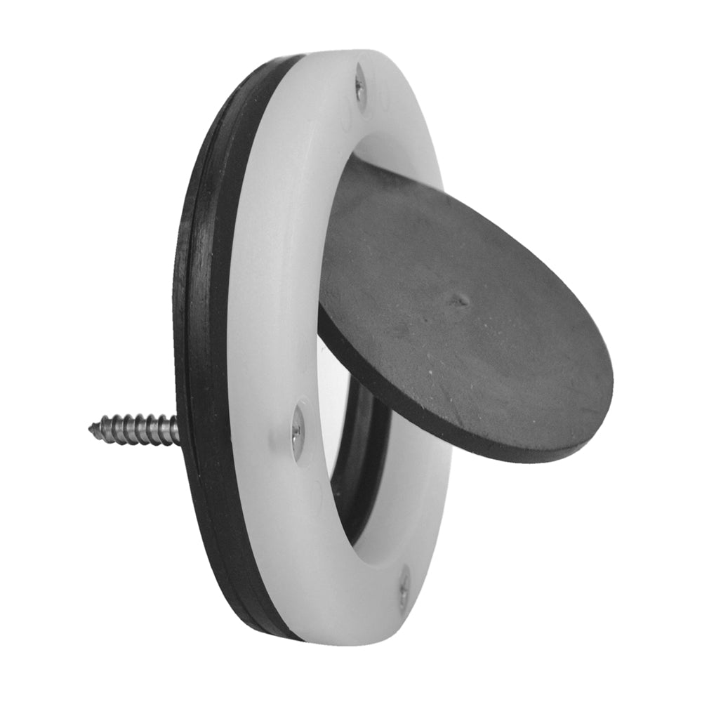 Attwood Marine scupper valve fitting in black with metal clamp for boat drainage and plumbing systems