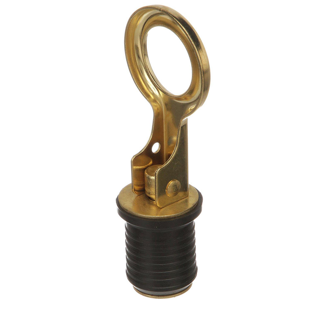 Attwood Marine brass drain plug with snap-handle, 1-inch diameter, designed for boat fittings and marine drainage systems.
