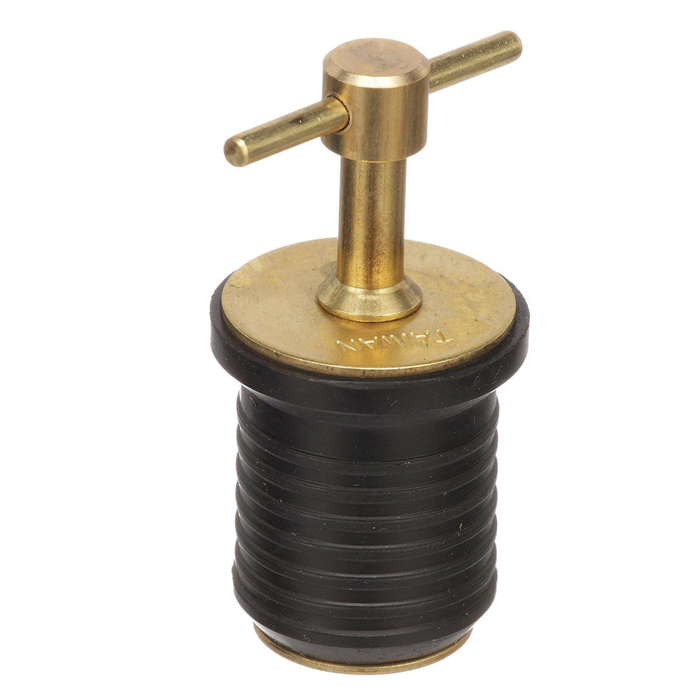 Attwood Marine brass T-handle drain plug, 1-inch diameter, fitting for marine applications, made of durable brass.