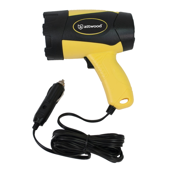 Attwood Marine handheld flashlight with 400 lumens, 12V power, black handle, compact design for outdoor and marine use.