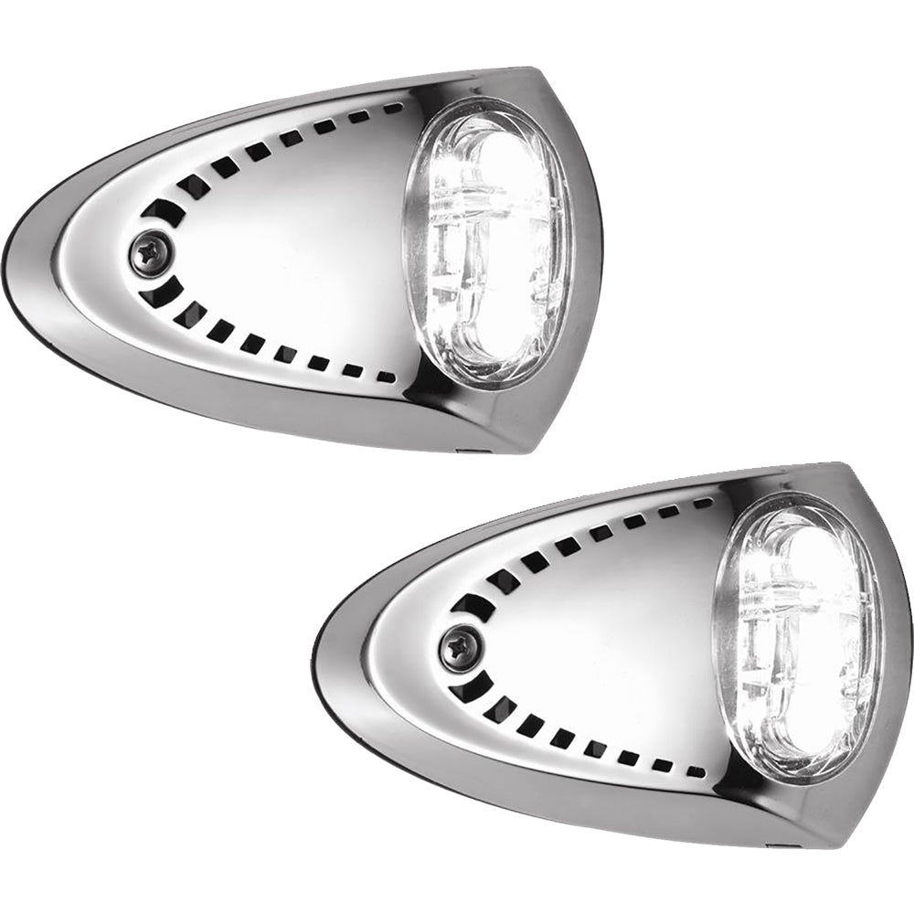 Pair of Attwood Marine stainless steel flood/spreader docking lights with white LED illumination for boats.