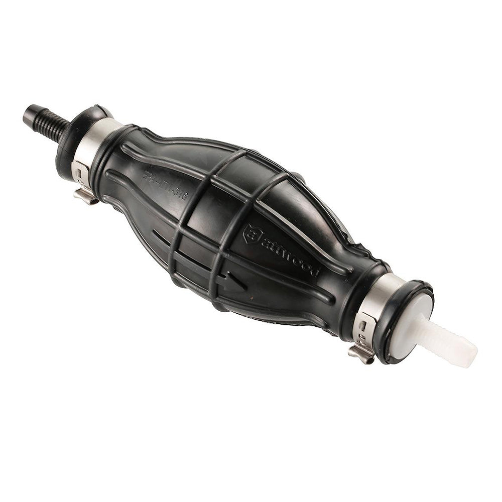 Attwood Marine primer bulb for fuel hose with 5/16-inch inner diameter, shown connected to marine fuel line fittings.