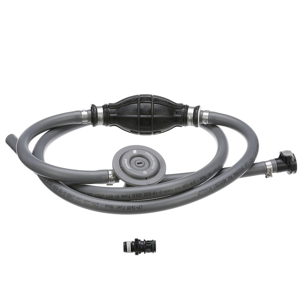 Attwood Marine universal fuel line kit with 3/8 inch diameter fuel hose, sprayless connectors, and fuel demand valve.