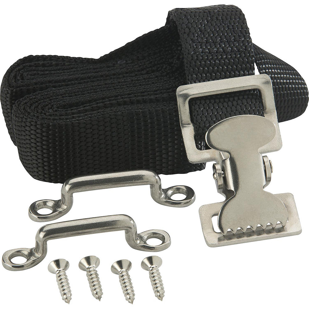 Attwood Marine fuel tank strap set, 72 inches long, designed for 12-gallon fuel tanks, shown securing the tank in place.