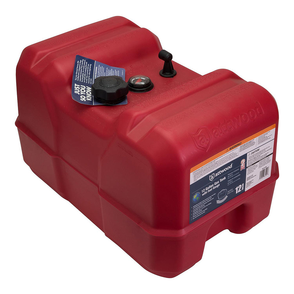 Attwood Marine 12-gallon portable fuel tank with gauge, compact design for boating and marine use.