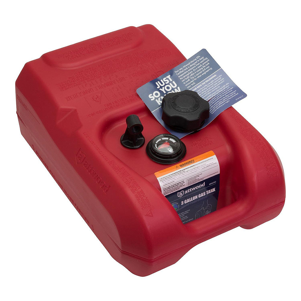 Attwood Marine portable fuel tank, 3-gallon capacity with built-in gauge, designed for boating and marine fuel storage.