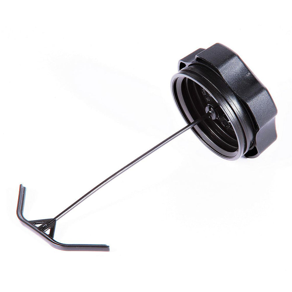 Attwood Marine portable fuel tank cap with tether, EPA certified, designed for marine fuel tanks, black plastic with secure closure.