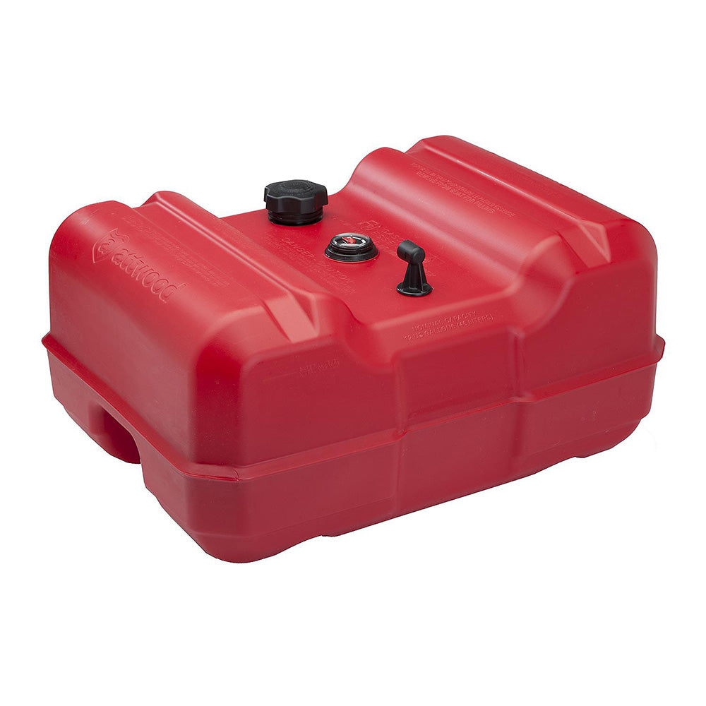 Attwood Marine 12-gallon portable low-profile fuel tank with built-in gauge, designed for easy installation and secure transportation.