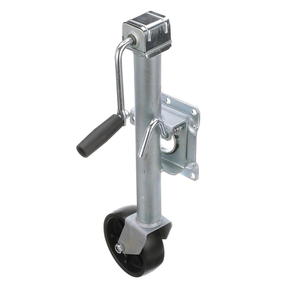 Attwood Marine fold-up trailer jack with single wheel, 1000 lb capacity, designed for boat trailers and heavy-duty towing.