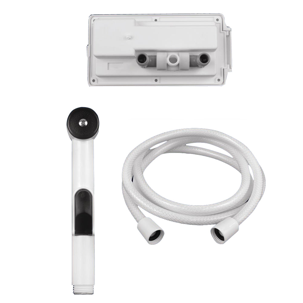Attwood Marine aft-deck shower for boats, marine sanitation equipment with a compact design and shower head visible.