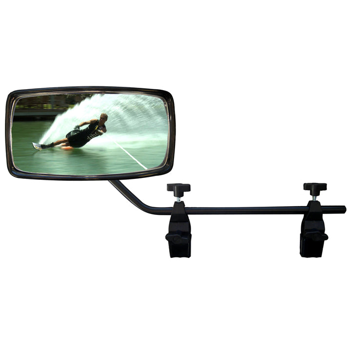 Attwood Marine clamp-on ski mirror with universal mount, clear reflective surface, designed for boat and watercraft safety.